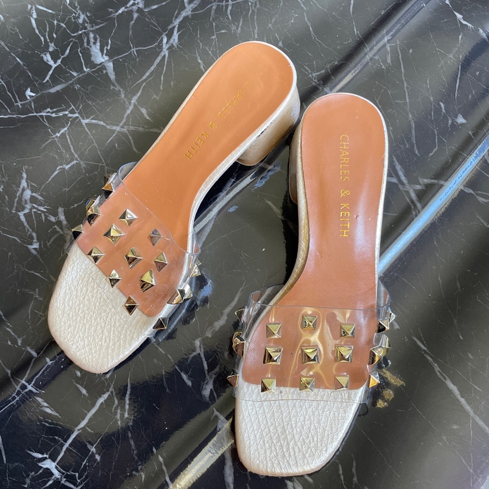 Charles & Keith women high heels glitter, transparent strap, silver nail